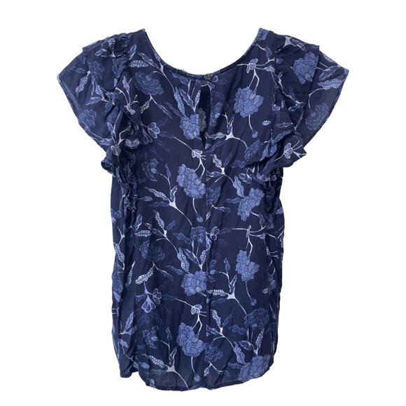 Gap Blouse Size XS Floral Ruffle Short Sleeve Keyhole Back Modal Navy Bohemian - Picture 2 of 6